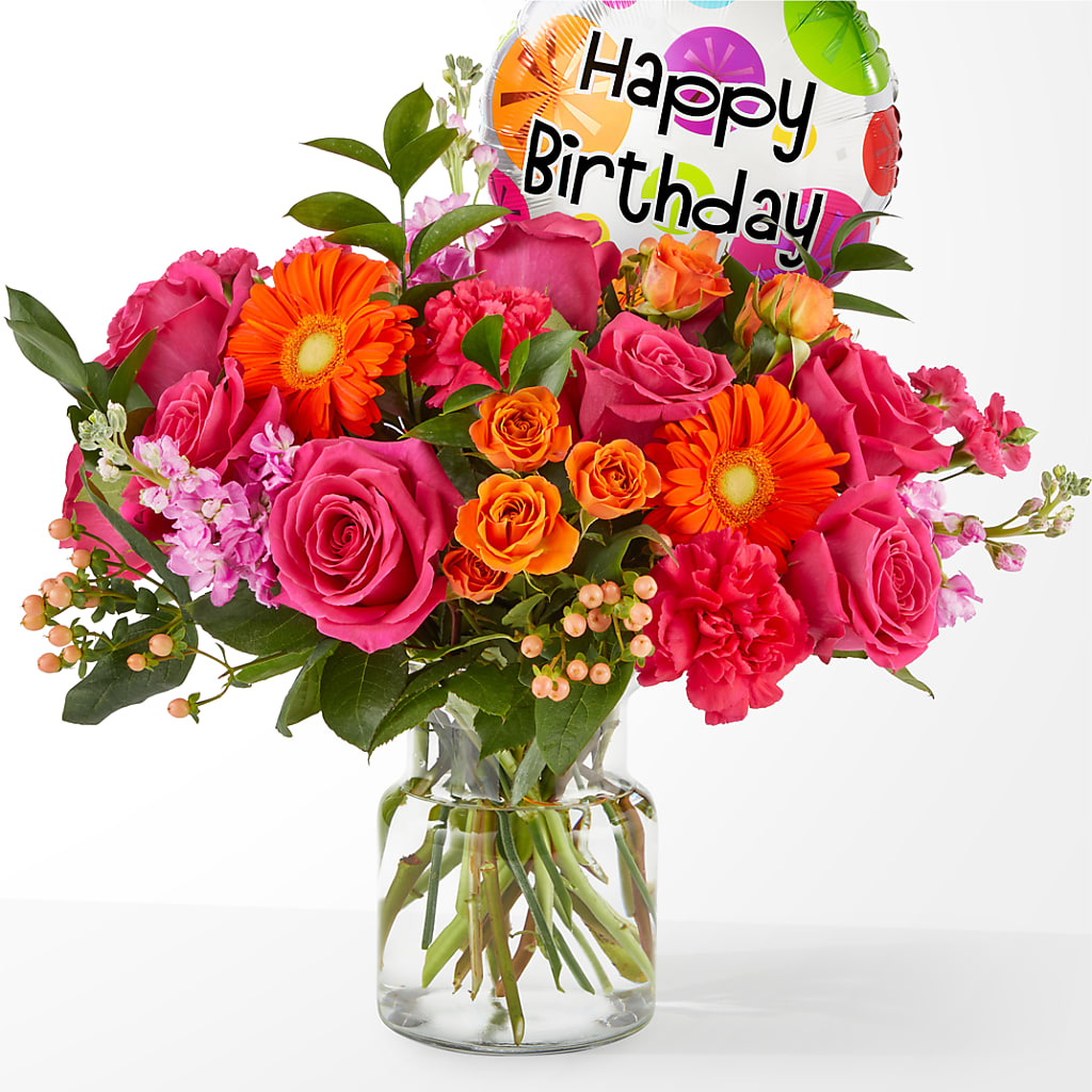 Fiesta Bouquet with Birthday Balloon – Lemon Tree Florist, Kemp TX