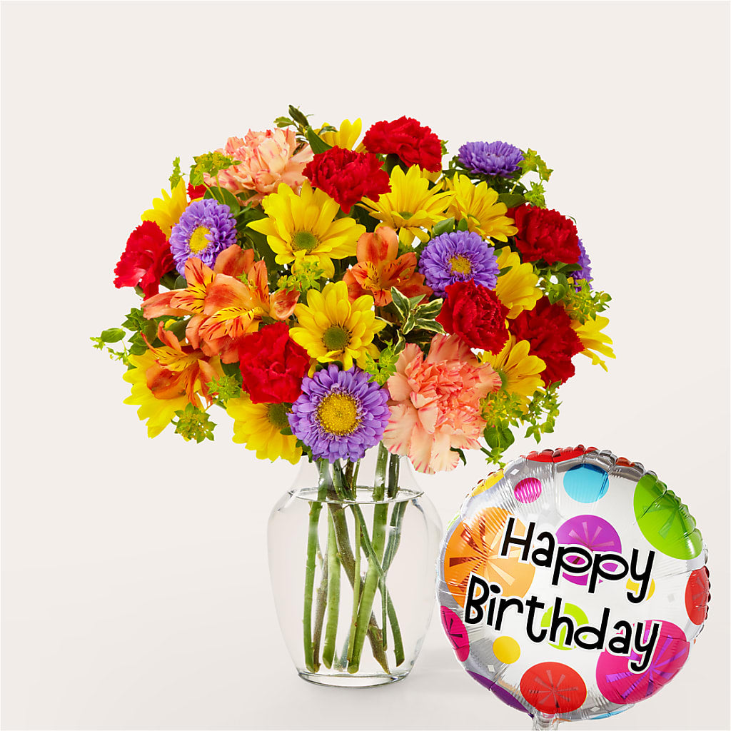 Kaleidoscope Bouquet with Birthday Balloon – Lemon Tree Florist, Kemp TX