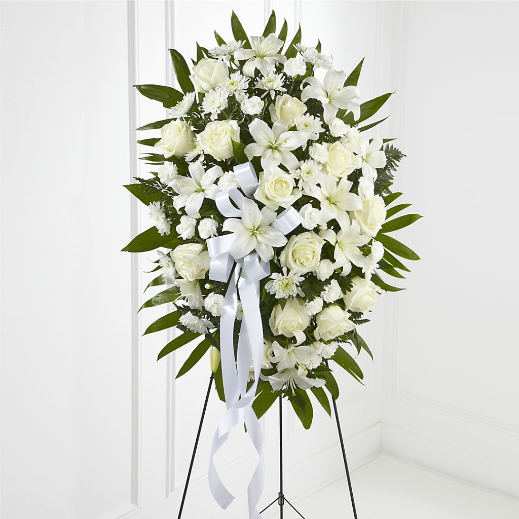 Exquisite Tribute Standing Spray-White Ribbon – Lemon Tree Florist, Kemp TX